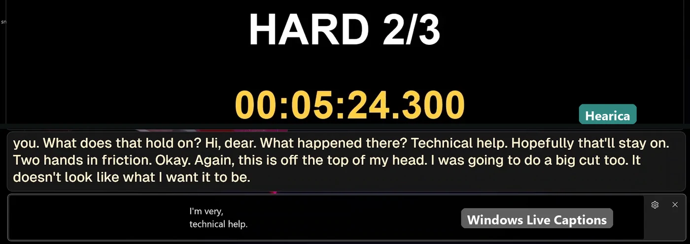 Screen recording of the test: Hearica's caption window shows the full exchange, while Windows Live Captions below it still shows only 'I'm very, technical help.'