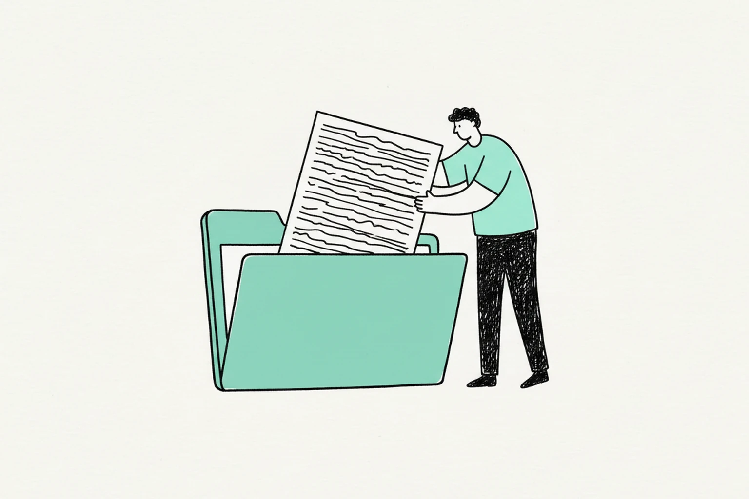 Illustration of a person filing a page of text into a large folder