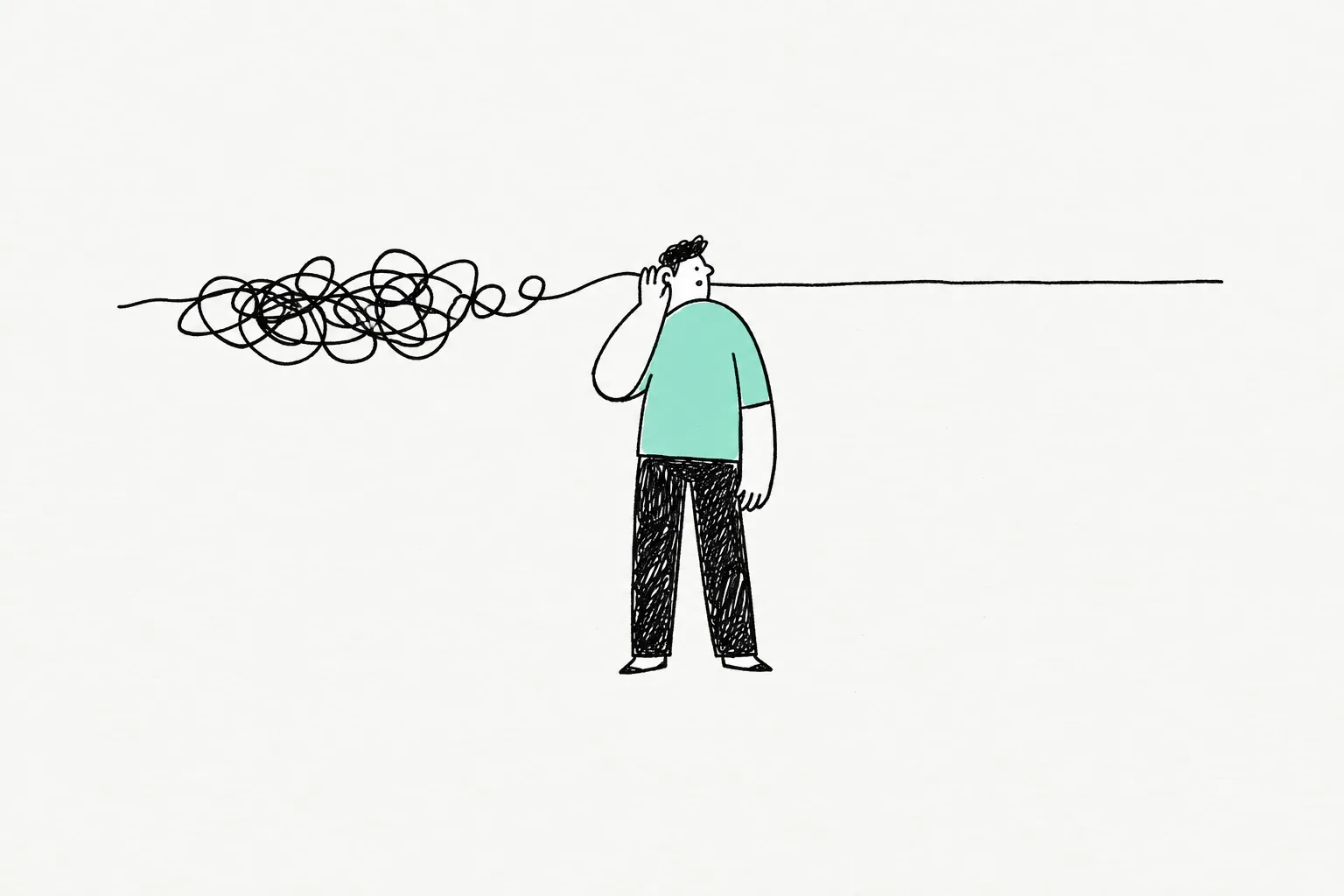 Illustration of a person listening to sound that turns into a tangled scribble