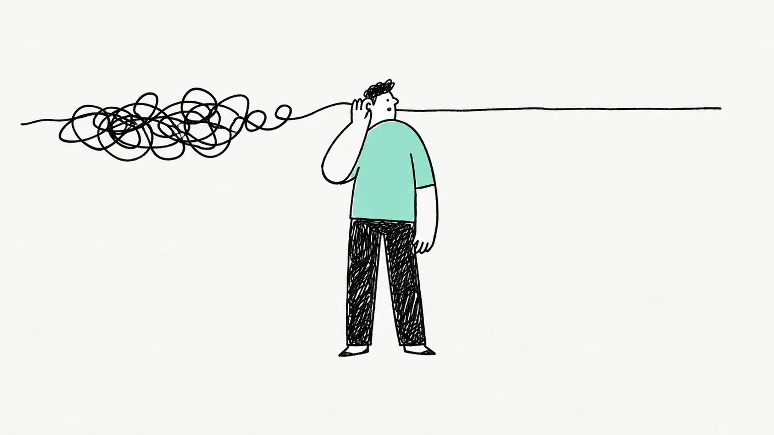 Illustration of a person listening to sound that turns into a tangled scribble