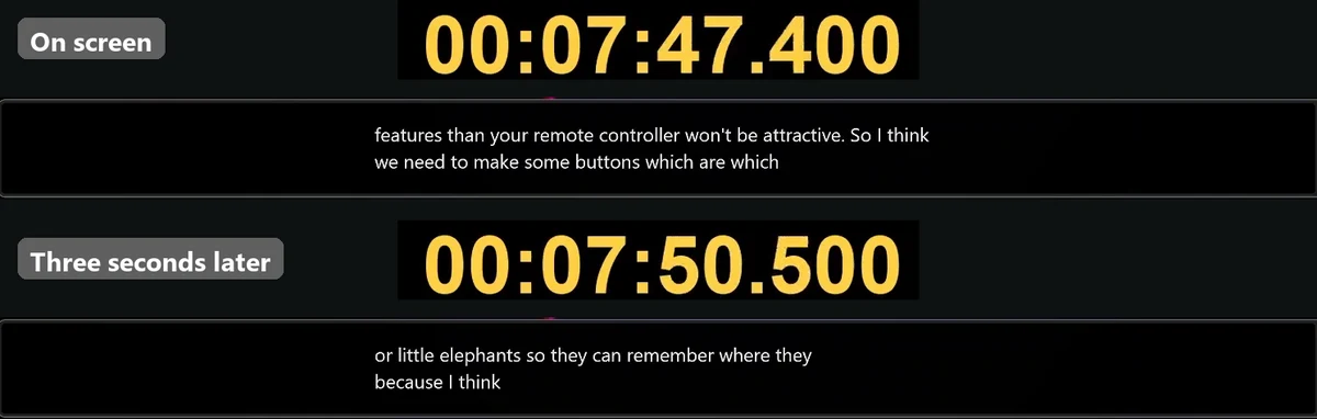 Two frames from our recording. First, Windows Live Captions shows 'features than your remote controller won't be attractive. So I think we need to make some buttons which are which'. Three seconds later that text is gone, replaced by an earlier line and 'because I think'.